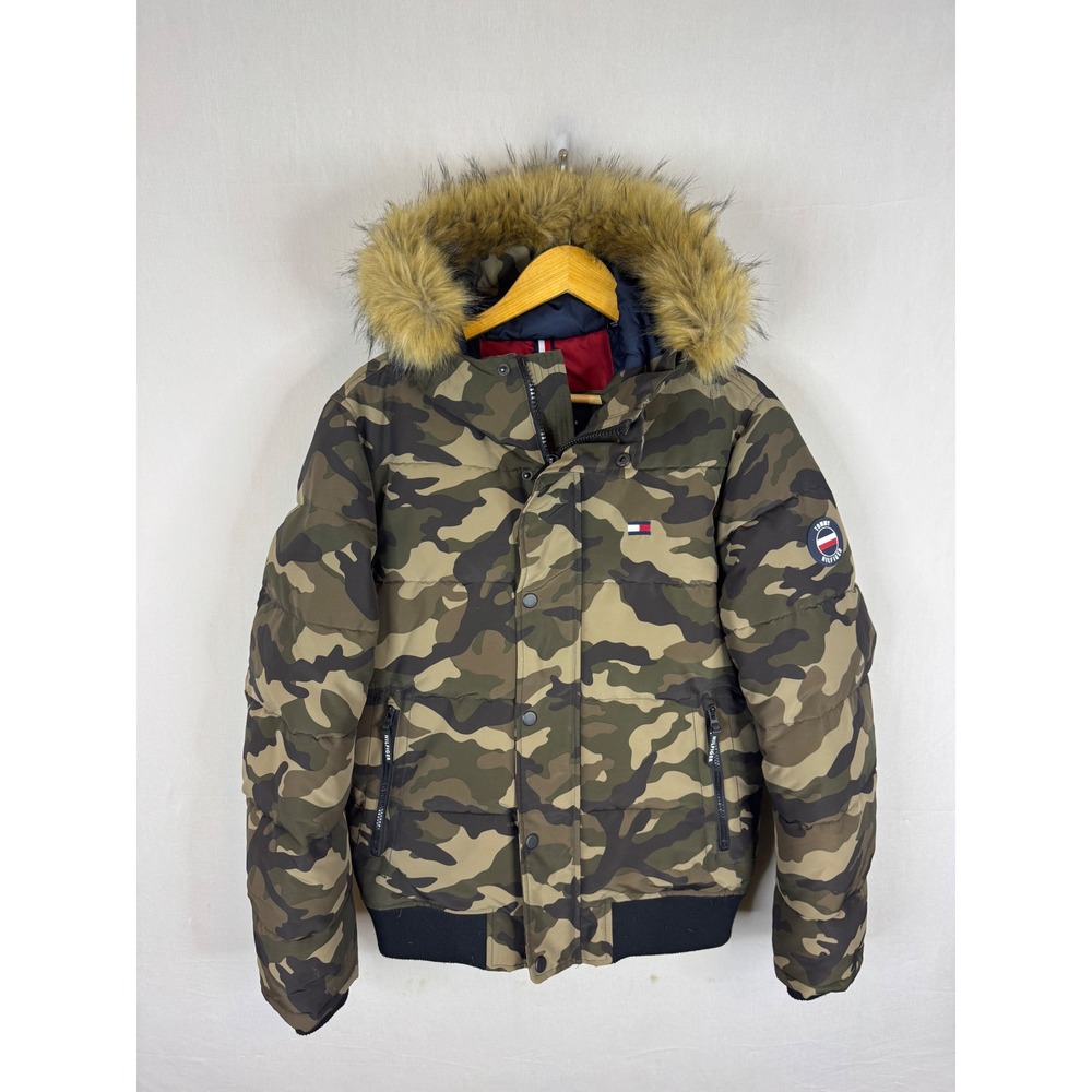 Tommy Hilfiger Mens Camo Puffer Jacket Faux Fur Hood Bomber Green Men S